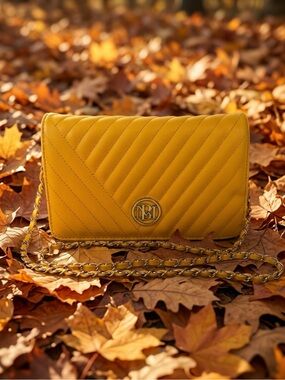 Badgley Mischka Quilted Mustard Yellow Crossbody with Chain Strap